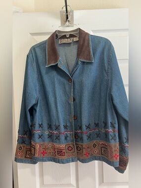 Vintage Tantrum Blues Denim Jacket M Leather Collar Embroidered Boho Western